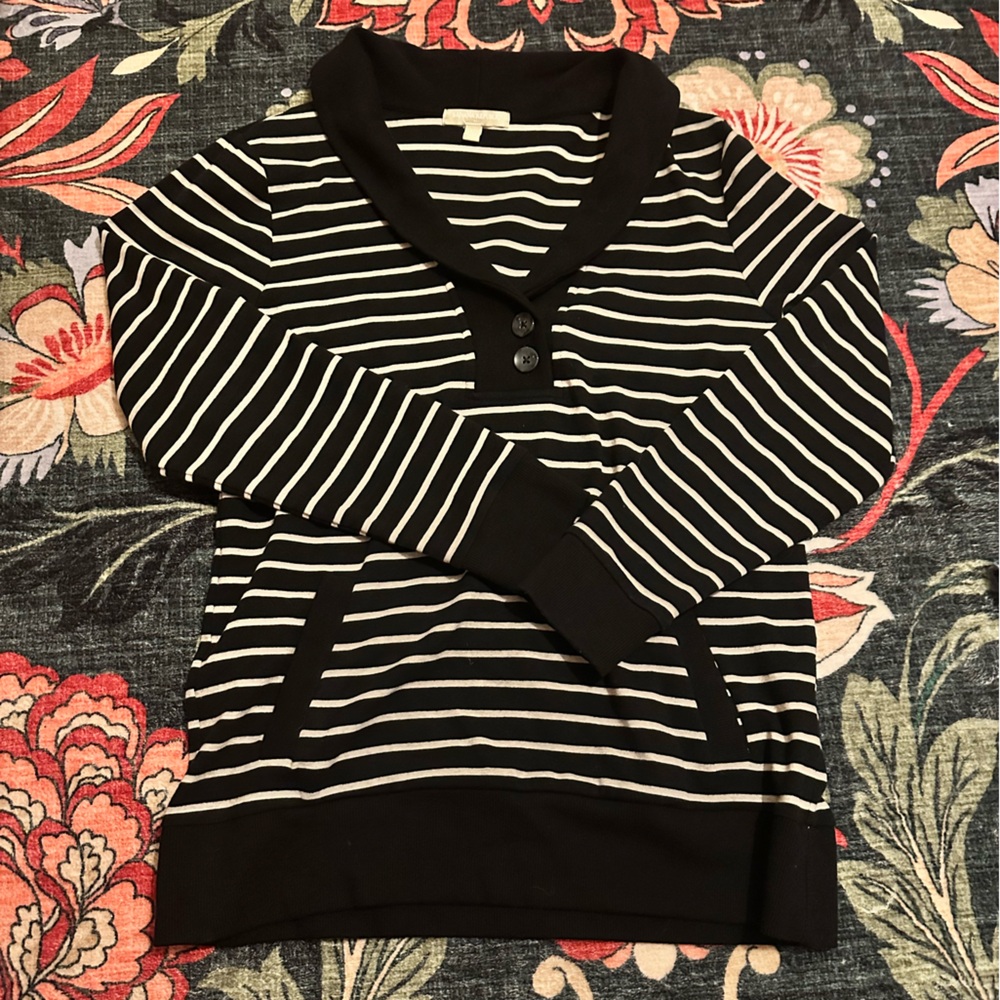 Banana Republic Black & White Striped Button Collar Sweater Size L